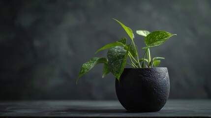 Modern Pothos Serenity: Pothos in dark pot against clean background radiates modern calmness.