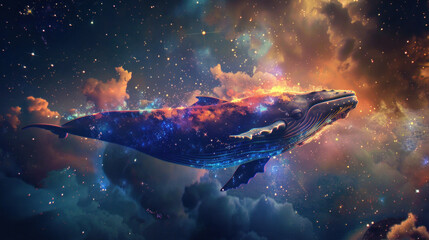 Cosmic whale surrounded by a cloud of luminous particle dust, navigating through the stars, depicting a fantastical journey in space.