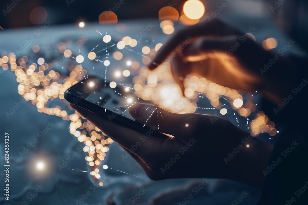 Poster view of businessman using mobile phone with world map and global network connection concept, ai gene