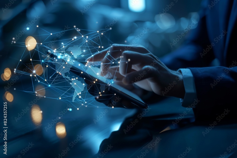 Poster view of businessman using mobile phone with world map and global network connection concept, ai gene