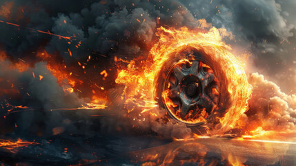 Drifting wheel engulfed in flames and smoke, representing high-speed action and adrenaline, perfect for a thrilling concept art scene.