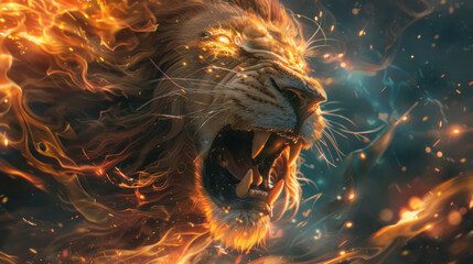 An enchanted lion with a mane of flames and glowing lights, roaring with might and magic, dominating a fantastical, otherworldly setting.