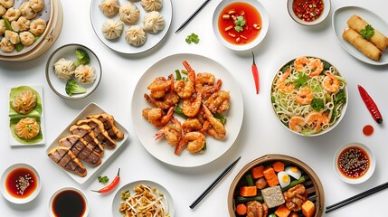 Authentic Chinese Cuisine Spread from Above on White Background in High Definition 8K Quality