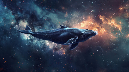 An enigmatic whale swimming through the galaxy, trailing a path of glittering particle dust, merging the mysteries of the ocean and space.
