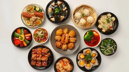 Vibrant Top View Collection of Authentic Chinese Food on Clean White Background in Stunning HD 8K Resolution
