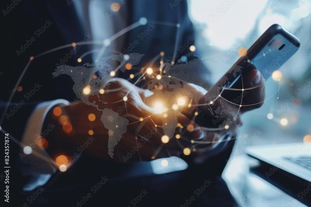 Poster view of businessman using mobile phone with world map and global network connection concept, ai gene
