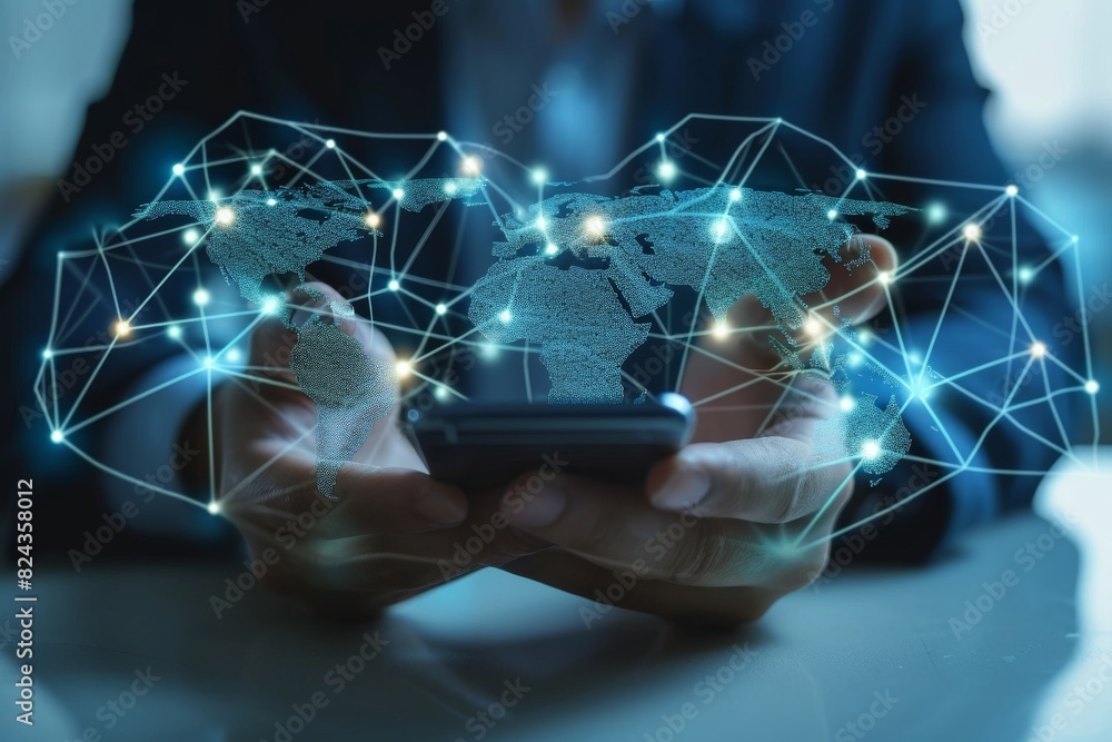 Poster view of businessman using mobile phone with world map and global network connection concept, ai gene