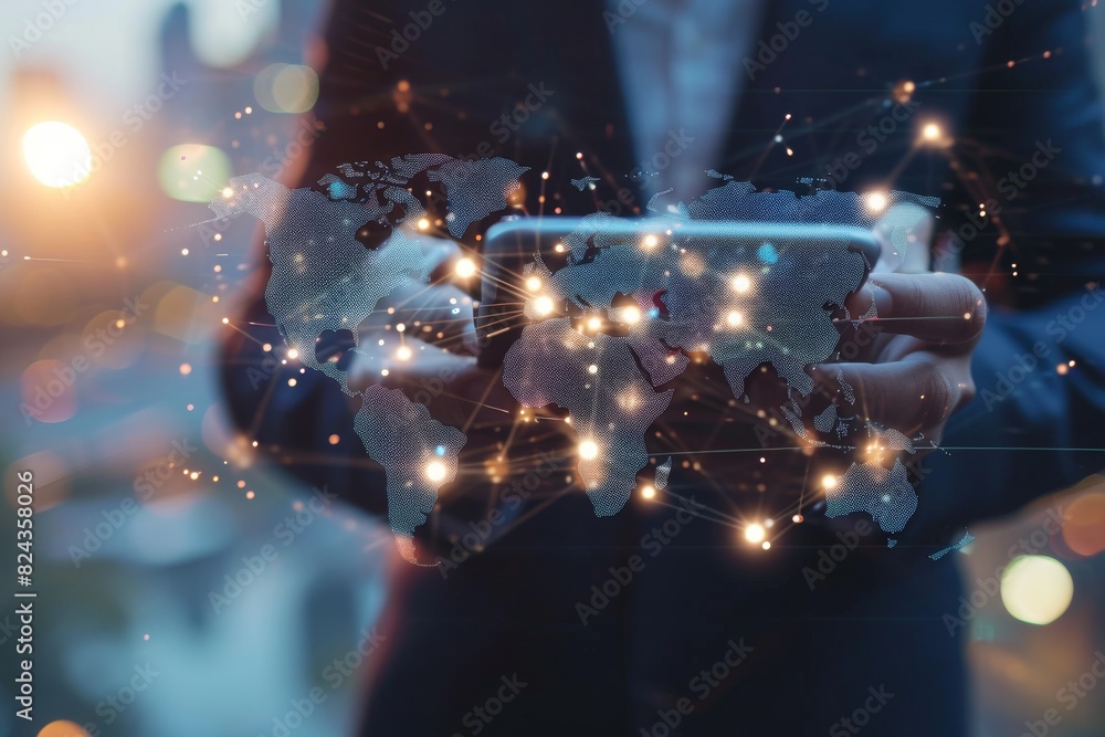 Poster view of businessman using mobile phone with world map and global network connection concept, ai gene