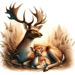 Painting of a deer and a baby deer laying in a field on a white Background.