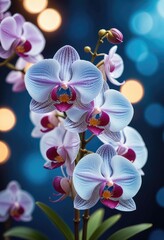 A card adorned with an orchid against a background of soft blue bokeh lights