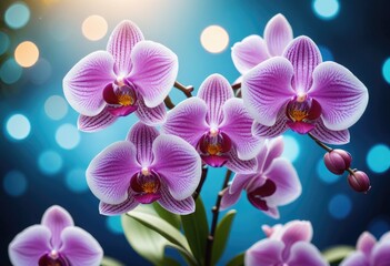 A card adorned with an orchid against a background of soft blue bokeh lights