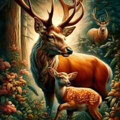 A painting of mother deer and her fawn in a forest setting.