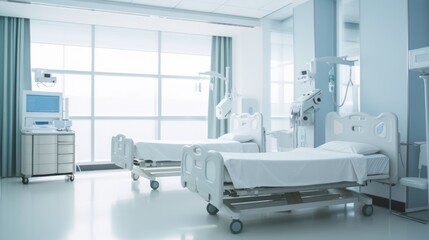 Hospital room with beds and comfortable medical equipped,