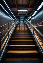 Obraz premium A contemporary subway station illuminated by lines of light and featuring sleek metal stairs 