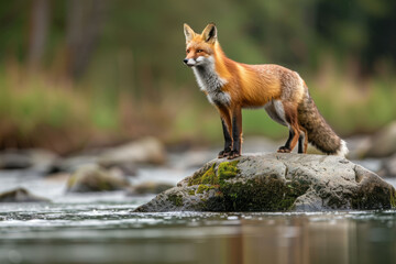 Beautiful red fox standing on a few stones over the water surface. Very focused on its prey. Pure natural wildlife photo. Ready to hunt.