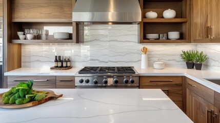 Luxury kitchen with natural backsplash, white quartz, natural brown wood cabinets and lots of light. Northwest, USA