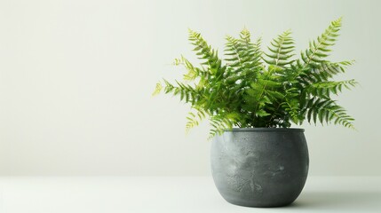 Tranquil Fern Oasis: Fern in grey pot against white backdrop exudes indoor serenity.