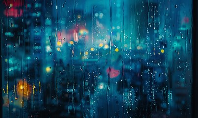 Fototapeta premium Rain pouring down on a window with city lights in the background