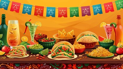 Obraz premium Cartoon vector of a festive table set with Mexican cuisine, including tacos, guacamole, and margaritas, against a backdrop of colorful papel picado banners Generative AI