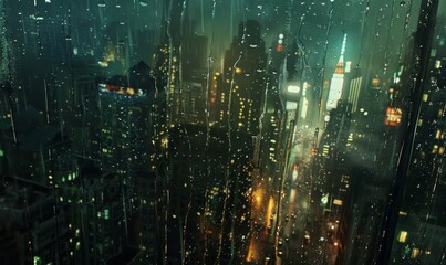 Rain pouring down on a window with city lights in the background