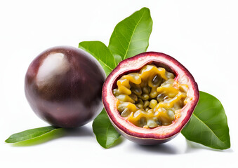 Passion fruit with leaves on a white background.