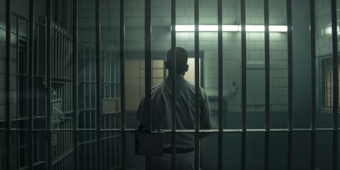 A solitary man stands in a dimly lit jail cell viewed from behind bars, ideal for themes of crime, punishment, isolation, and justice.