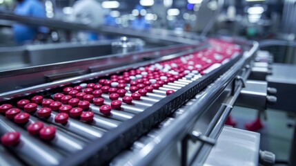 Obraz premium Close-up of pills being sorted on a high-speed conveyor system, sterile environment, pharmaceutical production