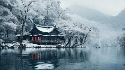 Fototapeta premium Beautiful Chinese Cultured River Front House With Reflect in Water Winter Landscape Background
