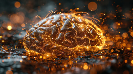 Golden Color Of A Glowing Brain Engine On Blurry Background