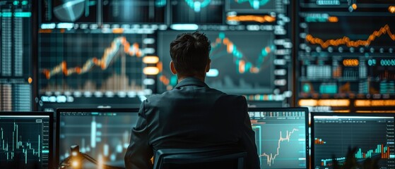 A financial trader analyzes multiple stock market data on various screens in a high-tech trading room, making investment decisions.