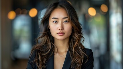 Obraz premium Businesswoman in a sophisticated black pantsuit, discussing strategies with her team in a sleek conference room with glass walls