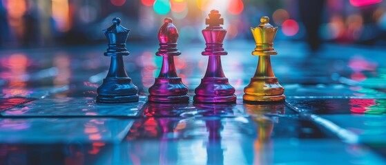 Colorful chess pieces on a reflective surface, illuminated by vibrant bokeh lights, creating a lively and modern atmosphere.