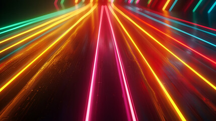 multiple multicolored light trails going in random pattern for technology background, abstract acceleration speed motion on night road, Abstract futuristic neon background with up glow lines

