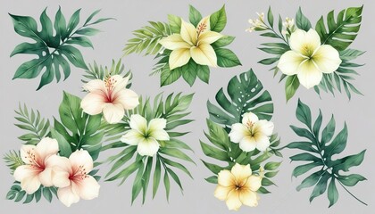 Watercolor of Tropical spring floral green leaves and flowers s isolated on transparent png background, bouquets greeting or wedding card decoration, with Generative Ai