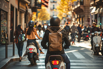 Urban lifestyle: people on scooters shopping and commuting in vibrant city