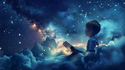 Obraz premium Amidst the twinkling stars and wispy clouds, a young boy immerses himself in the magic of storytelling, his imagination taking flight as he delves into the realms of fantasy 