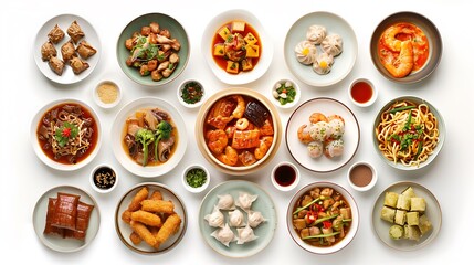 Mouthwatering Spread of Authentic Chinese Cuisine in High Definition 8K Quality on Plain White Background