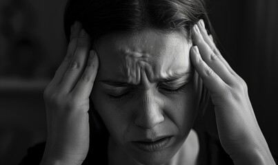 A person with a headache, holding their temples in discomfort, showing signs of pain and distress.