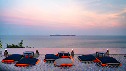 View of rooftop bar in Panwa beach at sunset, in Phuket, Thailand
