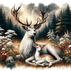 Beautiful Painting of a deer and a baby deer in a forest background.