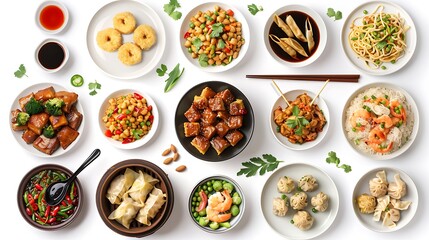 Tasty Chinese Cuisine Spread from Above on Clean White Background in High Definition 8K Quality