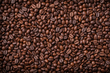 Fototapeta premium Overhead view of backdrop representing halves of dark brown coffee beans with pleasant scent