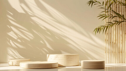 A stage podium for product presentation with a bamboo branch background