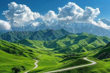 Snow capped mountains and grassland pastures