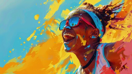 A close-up of a runner's joyful expression as they cross the finish line, illustrated with vibrant colors and space for copy