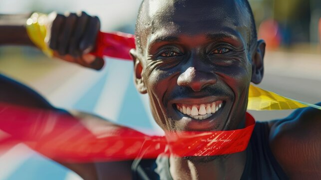 A close-up of a marathon runner breaking through the finish line tape, capturing the moment of victory and joy, with space for text