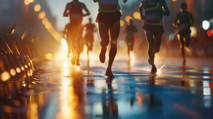 A high-quality image of a marathon race with runners sprinting towards the finish line, highlighted by professional lighting and copy space
