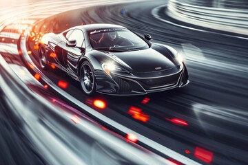 Fototapeta premium Close up of high performance sports car on racetrack with ample space for text placement