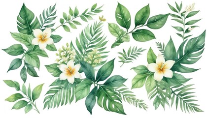 Watercolor of Tropical spring floral green leaves and flowers s isolated on transparent png background, bouquets greeting or wedding card decoration, with Generative Ai