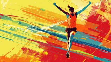 A marathon runner crossing the finish line with arms raised in triumph, illustrated in vivid colors with ample space for copy